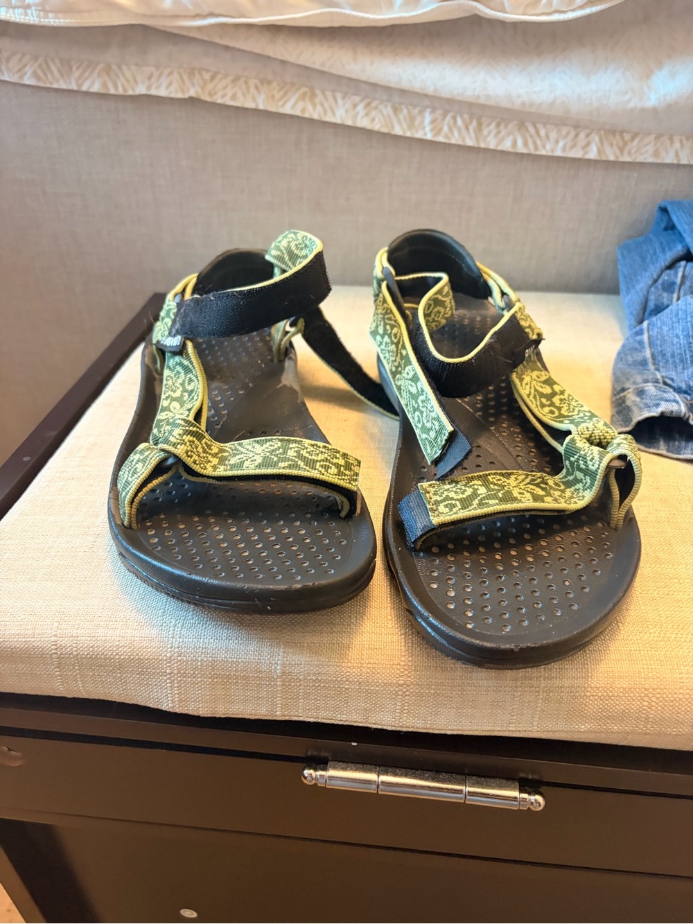 Teva Black Sandals with Green Patterned Straps